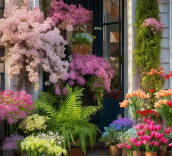 春意盎然，鲜花店门口的盆景春色图
