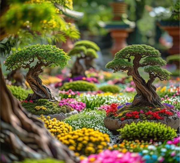 迷你园林画卷，盆景与鲜花交融的艺术之美