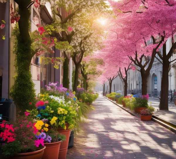 春意盎然，鲜花盆景扮靓城市街头风景